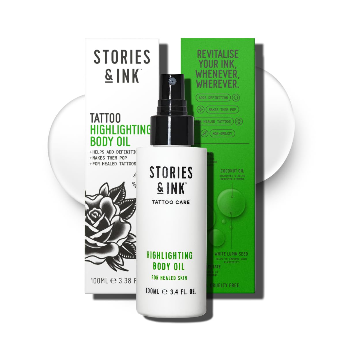 Stories & Ink front bottle view showing sleek design and instant glow benefit