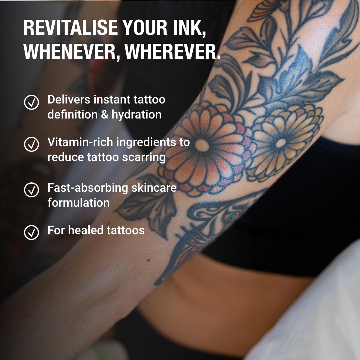 Stories & Ink applied to forearm tattoo, enhancing ink vibrancy benefit
