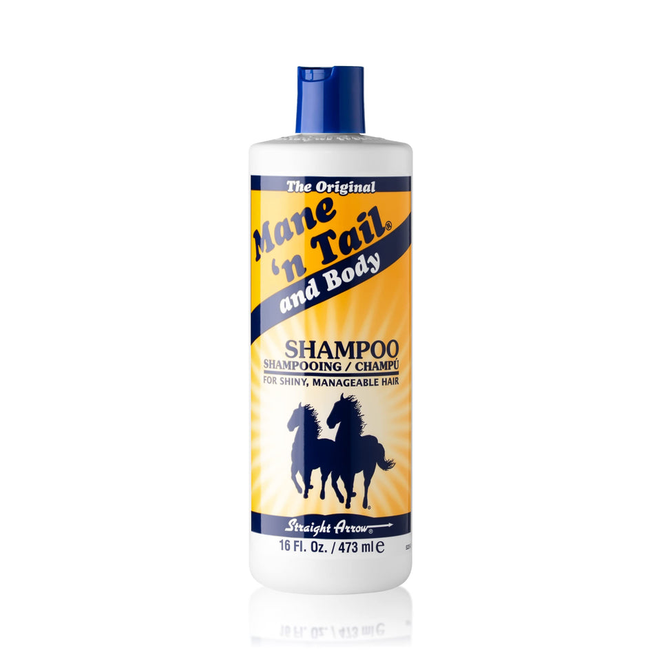 Straight Arrow Mane n Tail front bottle showing 16 oz size and brand benefits