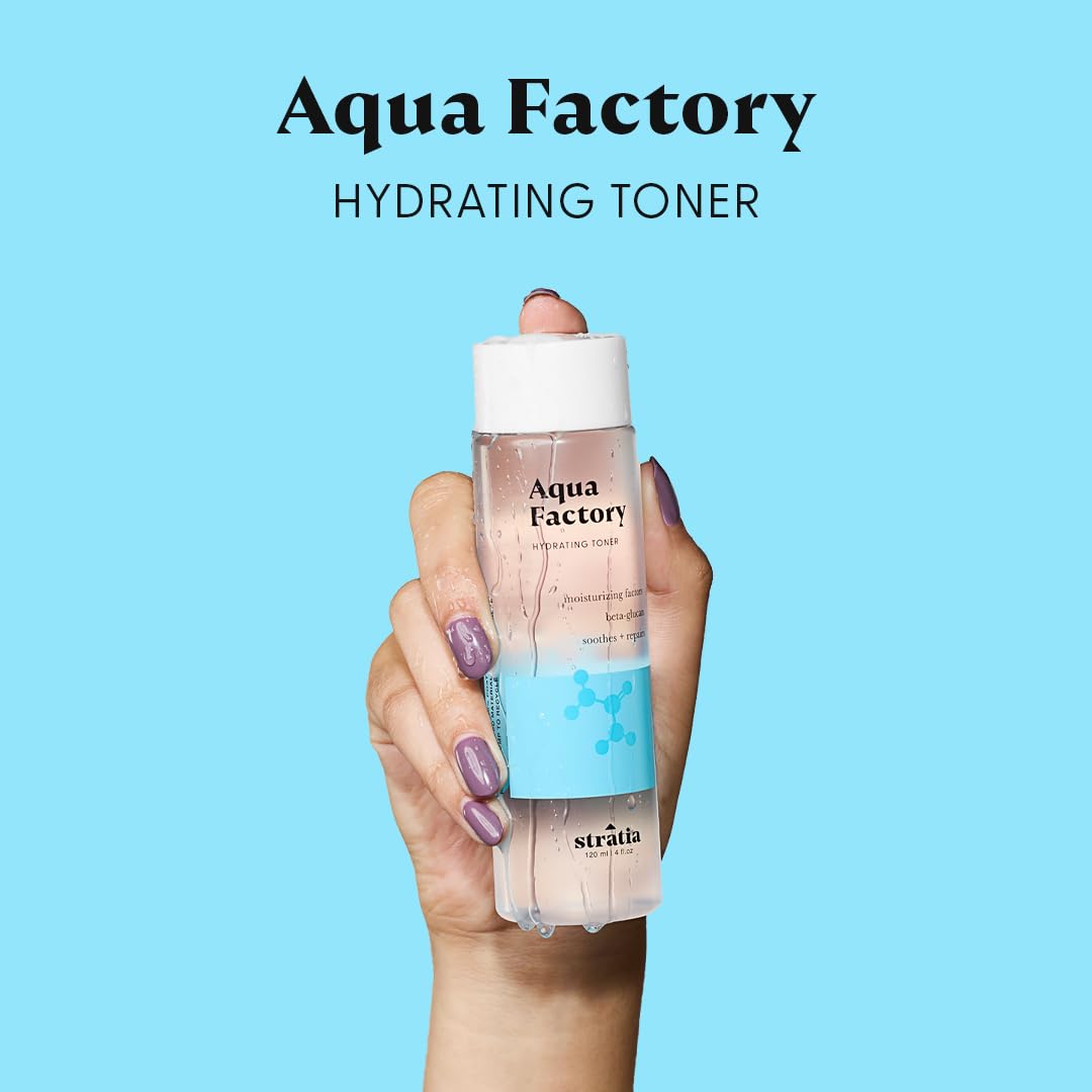 Stratia bottle on bathroom shelf suggesting everyday routine use