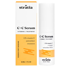 Stratia front label showing product name and 15% vitamin C benefit