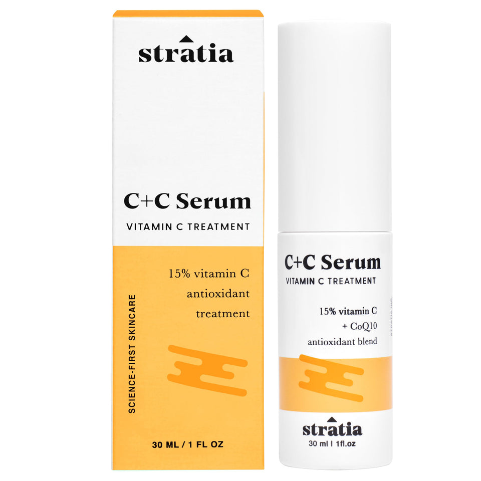 Stratia front label showing product name and 15% vitamin C benefit