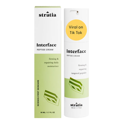 Stratia bottle front view showing clean packaging and daily moisturizer benefit