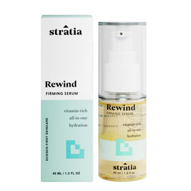 Stratia Rewind front bottle showing compact 1.3 fl oz and clean design for easy storage