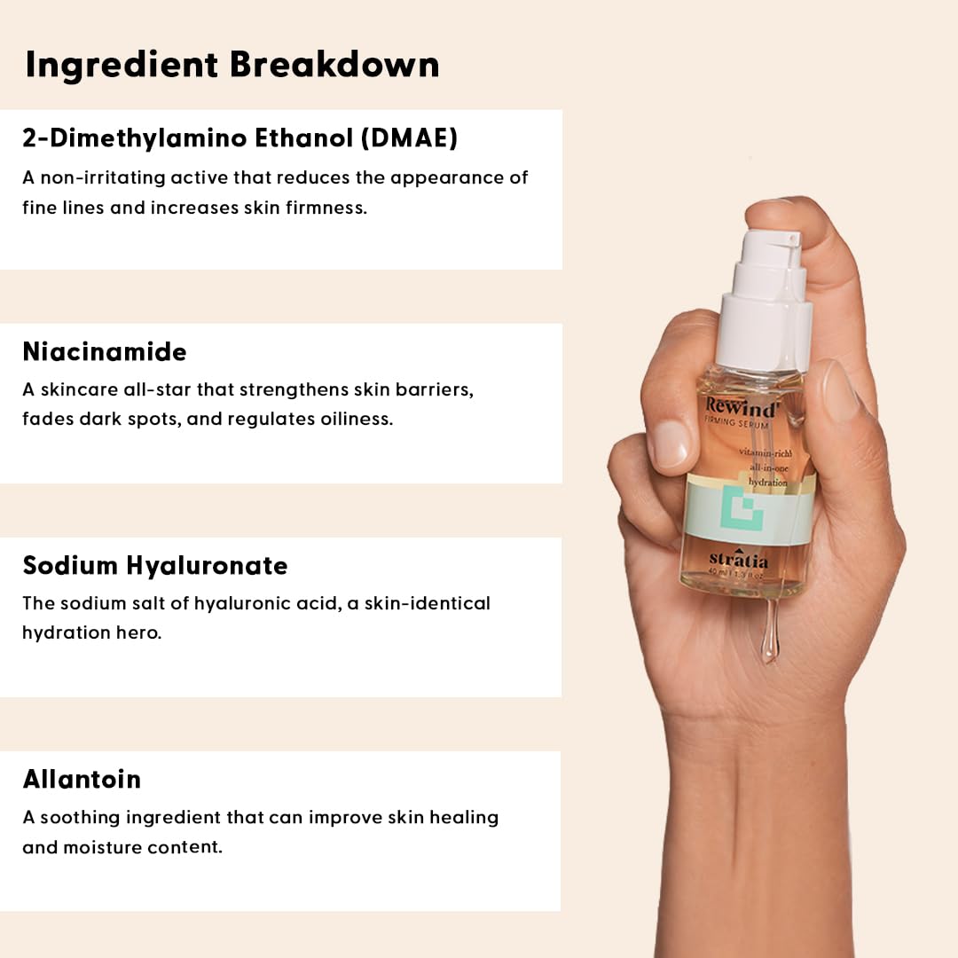 Stratia Rewind ingredients display with hyaluronic acid and niacinamide benefits visible