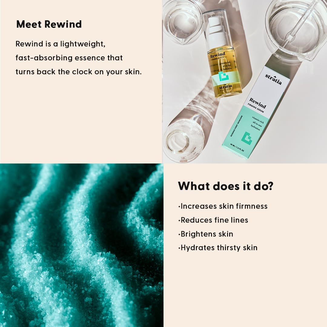 Stratia Rewind pump and clear label close-up highlighting active ingredients and dosing