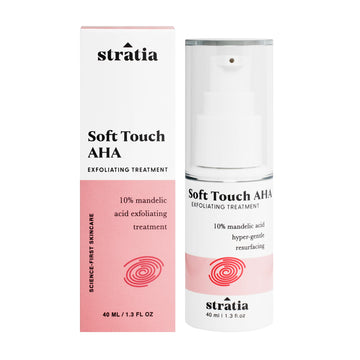 Stratia bottle front packaging showing label and size, conveys gentle exfoliation benefits