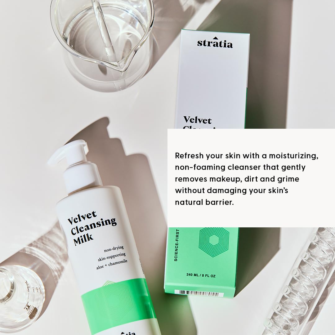 Stratia in bathroom routine on countertop illustrating gentle daily use benefit