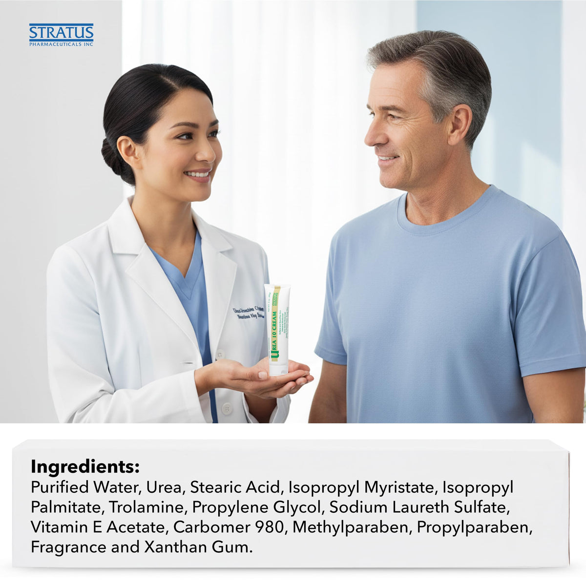 STRATUS PHARMACEUTICALS label close-up showing urea 10% concentration