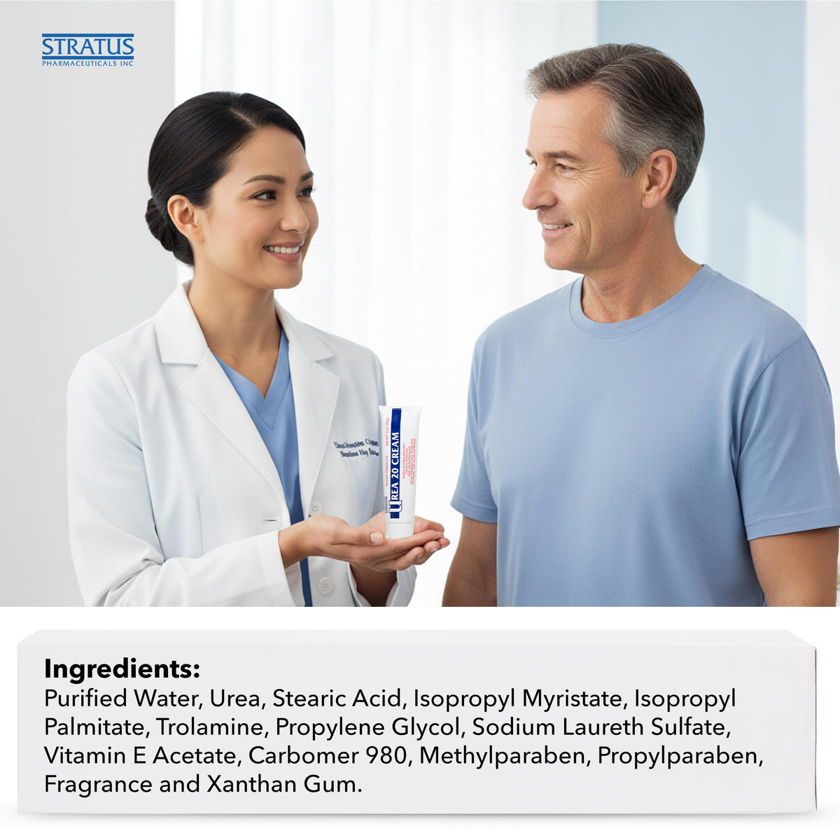 STRATUS PHARMACEUTICALS tube on a bathroom vanity suggesting daily routine use for rough skin