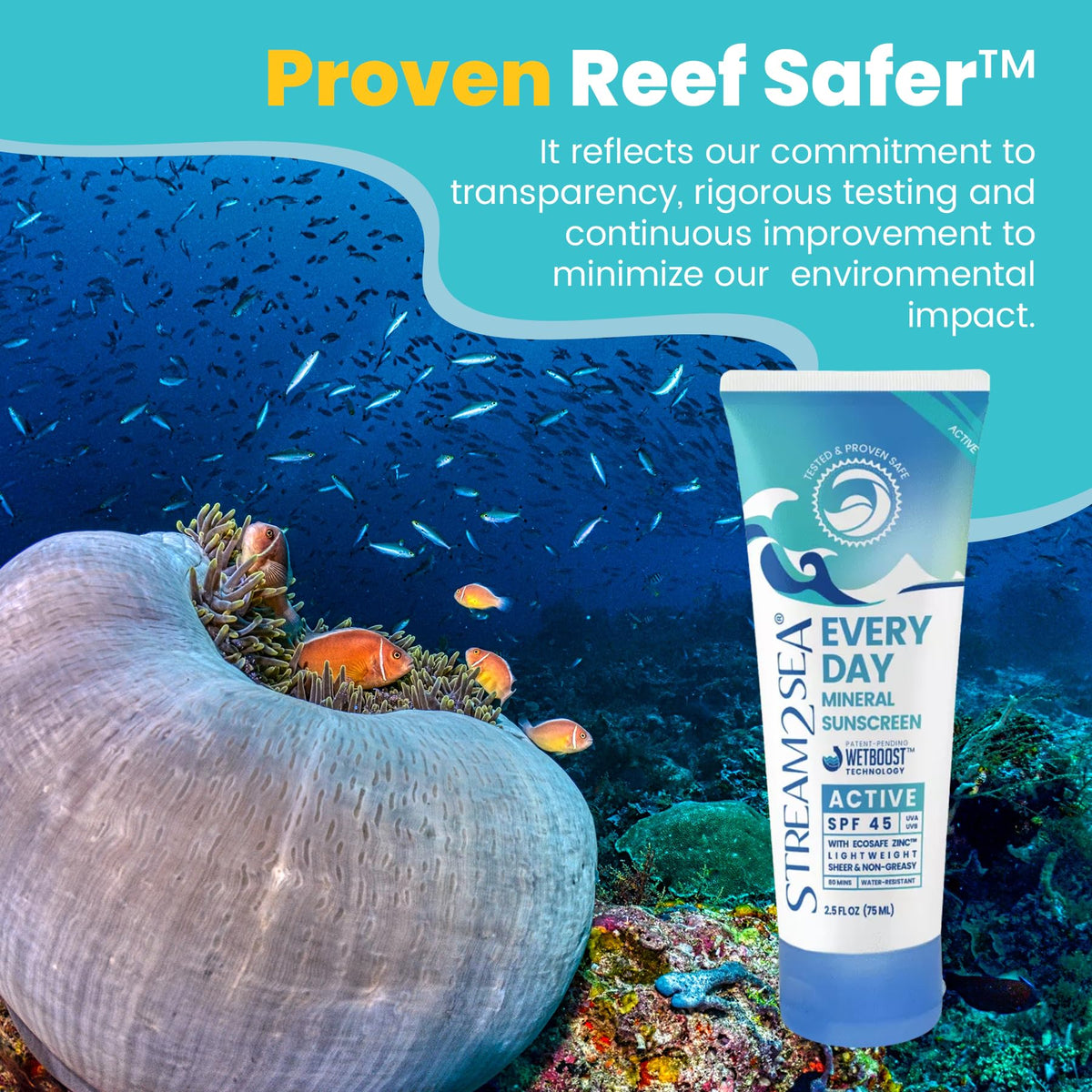 STREAM 2 SEA ingredient label highlighting zinc oxide and clean formula