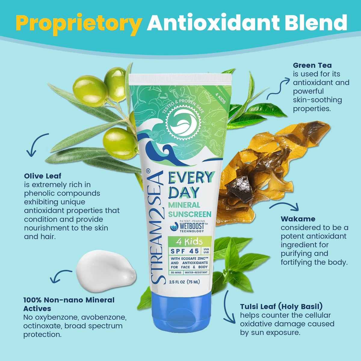 STREAM 2 SEA ingredient label highlighting zinc oxide and botanical extracts