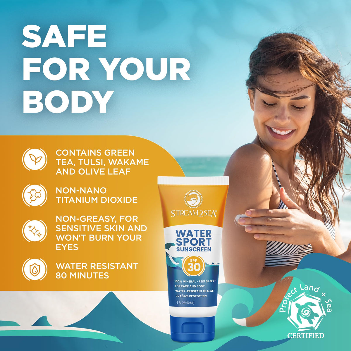 STREAM 2 SEA lifestyle beach shot with person applying sunscreen before a swim