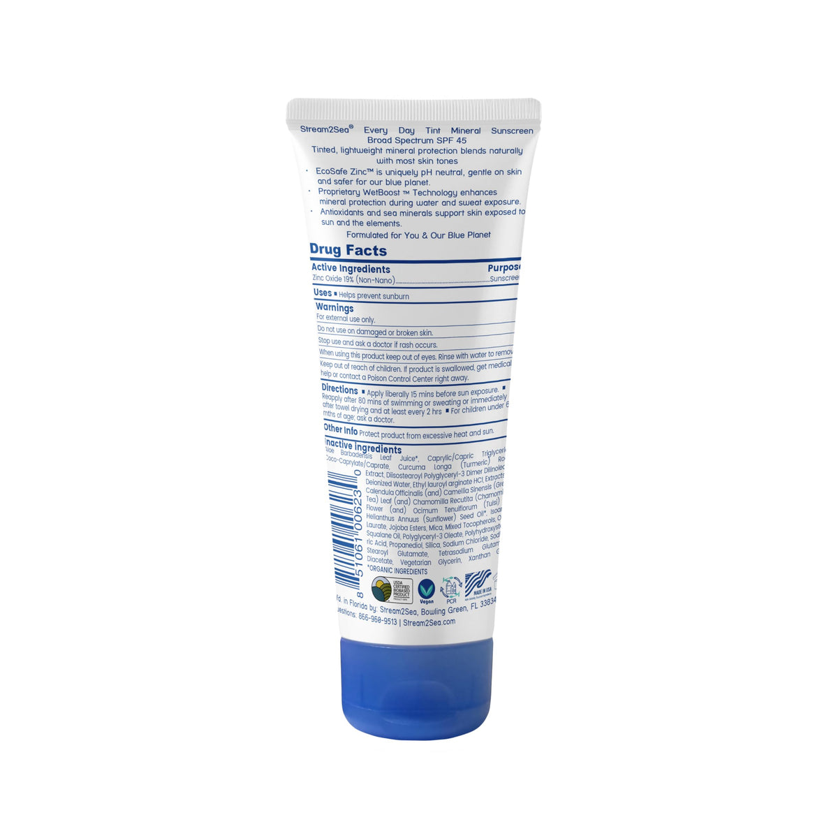 STREAM 2 SEA tube and label close-up highlighting reef-safer credentials