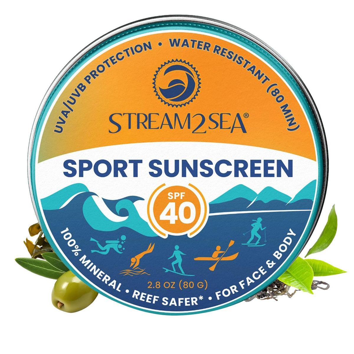 STREAM 2 SEA tin front view showing compact reef-safe sunscreen