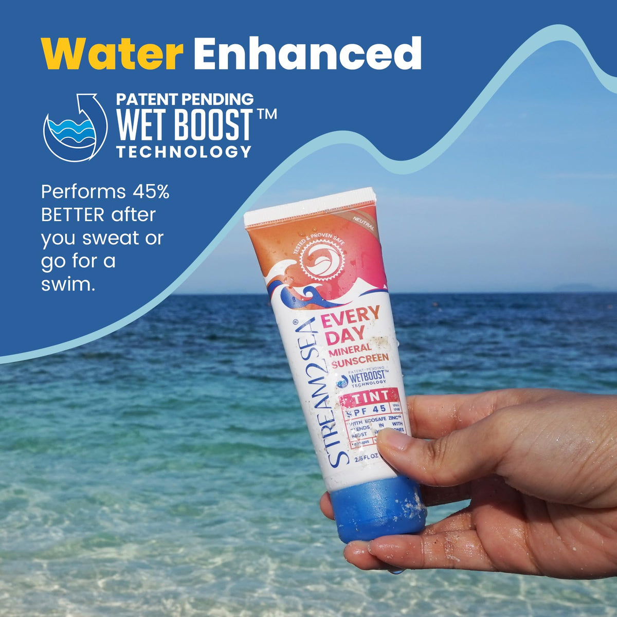 STREAM 2 SEA tube held in hand showing compact travel size benefit