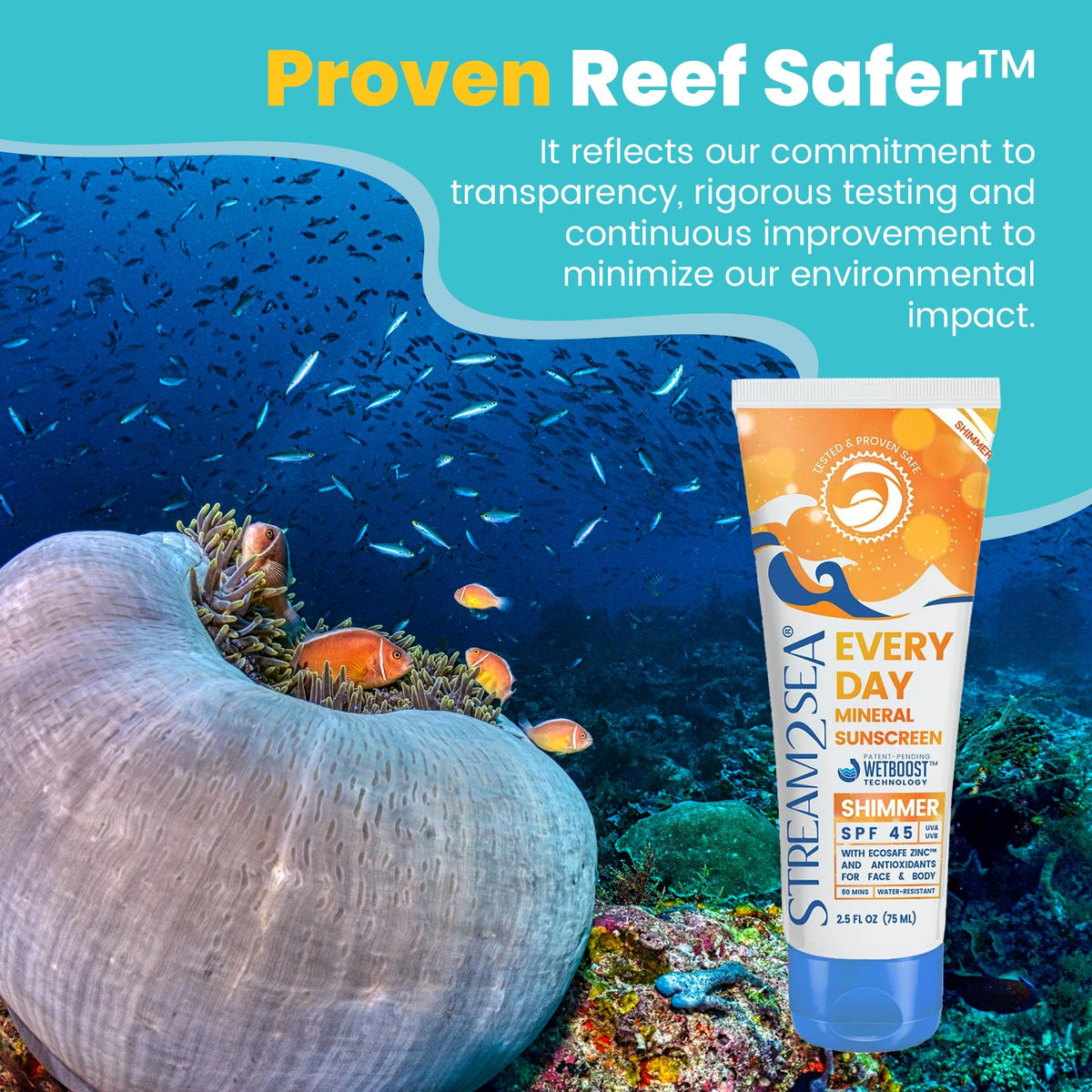 STREAM 2 SEA worn at beach boat scene showing reef-safe outdoor use