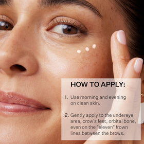 Model applying StriVectin eye cream under eyes illustrating quick absorption and layering