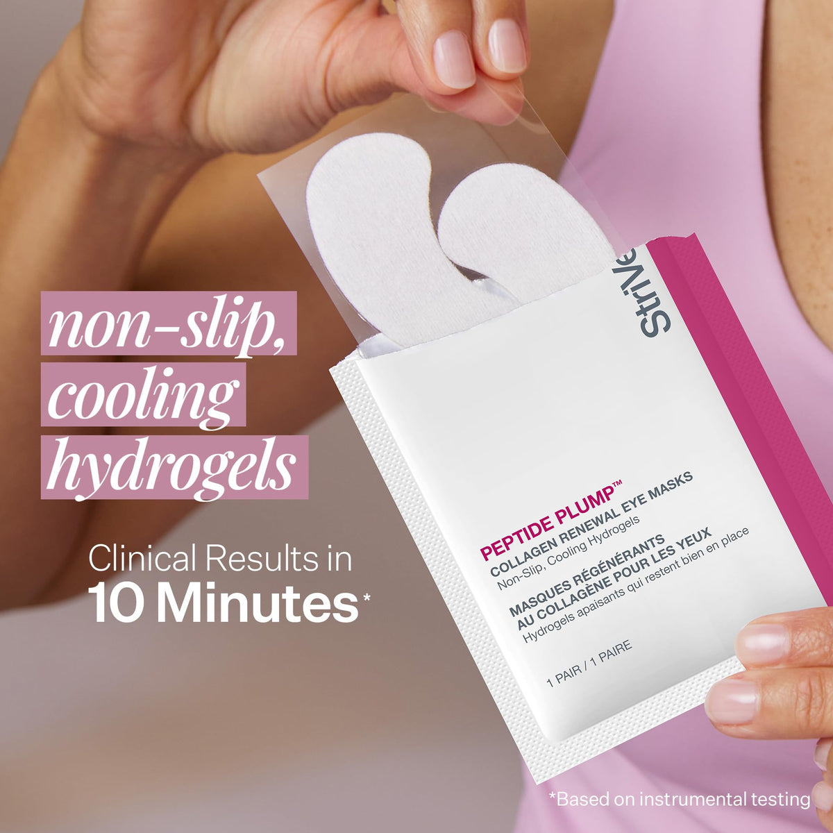 StriVectin patch applied under eye demonstrating cooling comfort