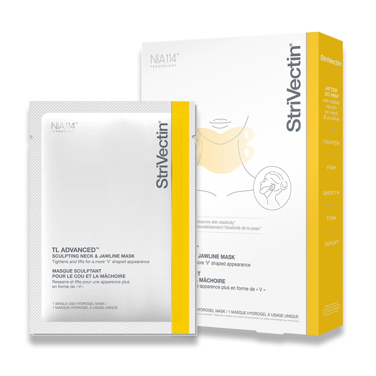 StriVectin front packaging showing single-use neck and jawline mask benefit