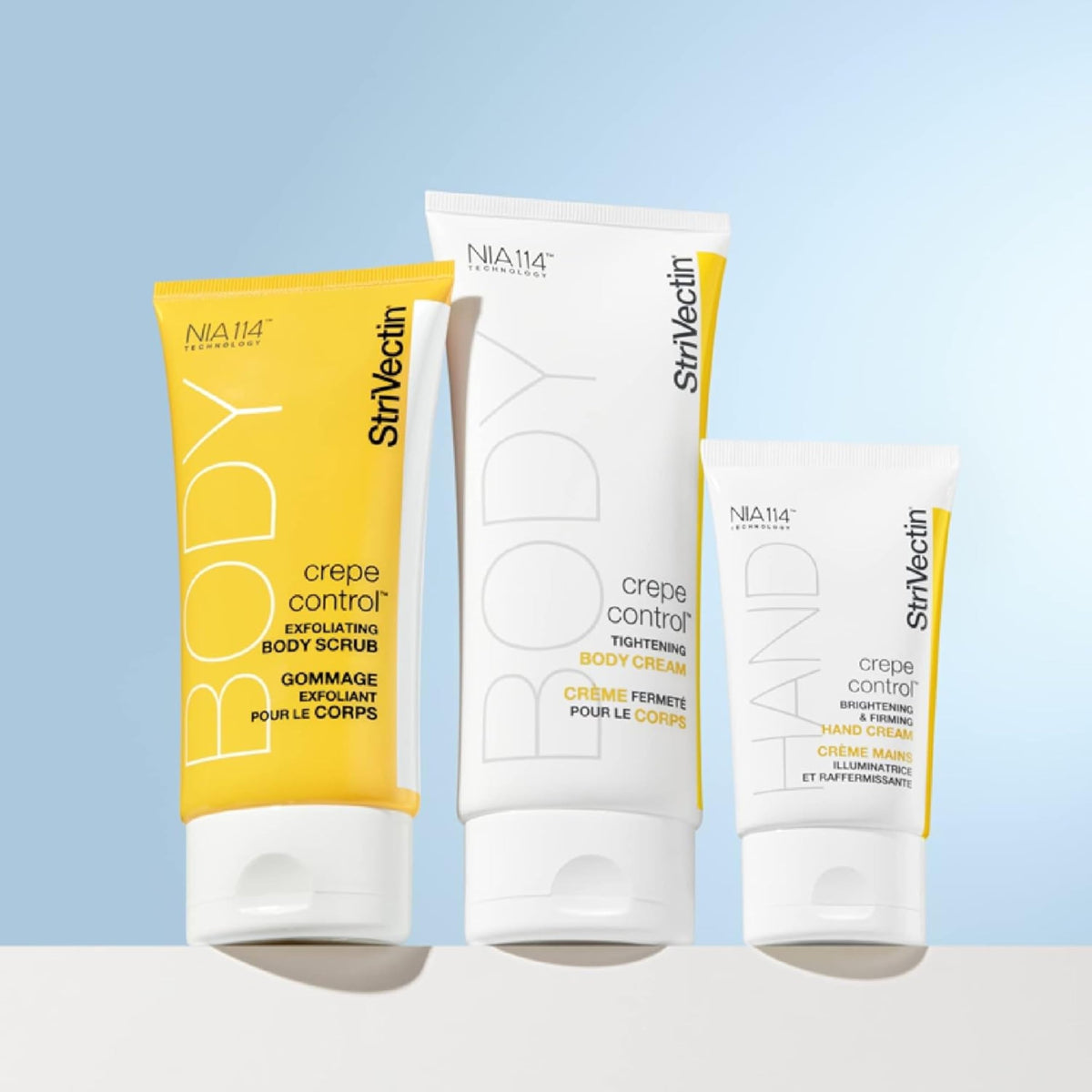 StriVectin on bathroom counter beside skincare items portraying daily routine use