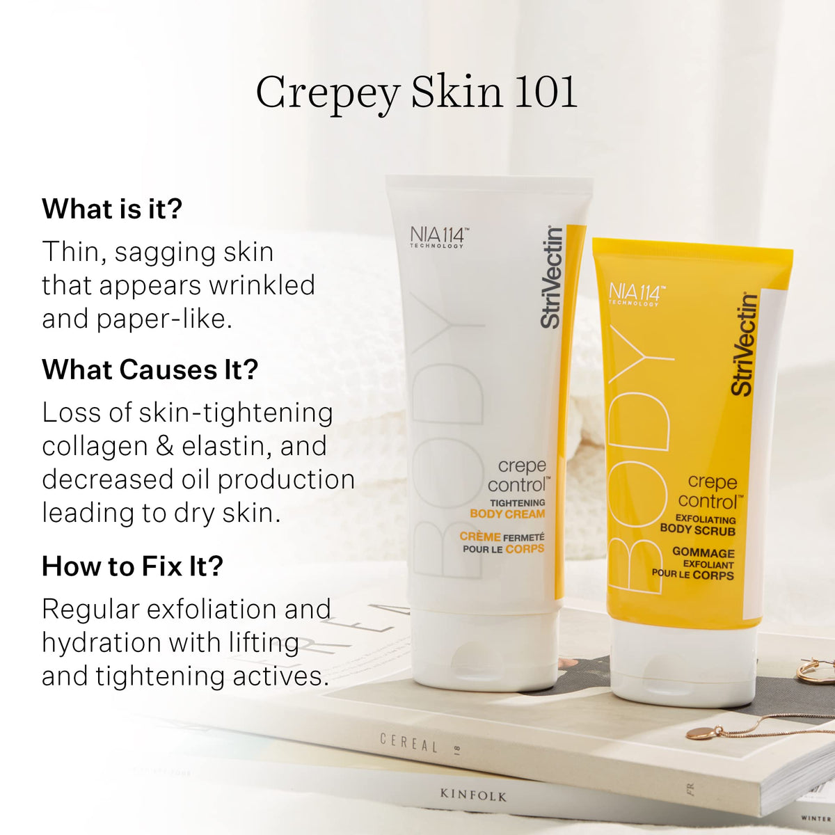 StriVectin on a bathroom shelf styled to show everyday routine use