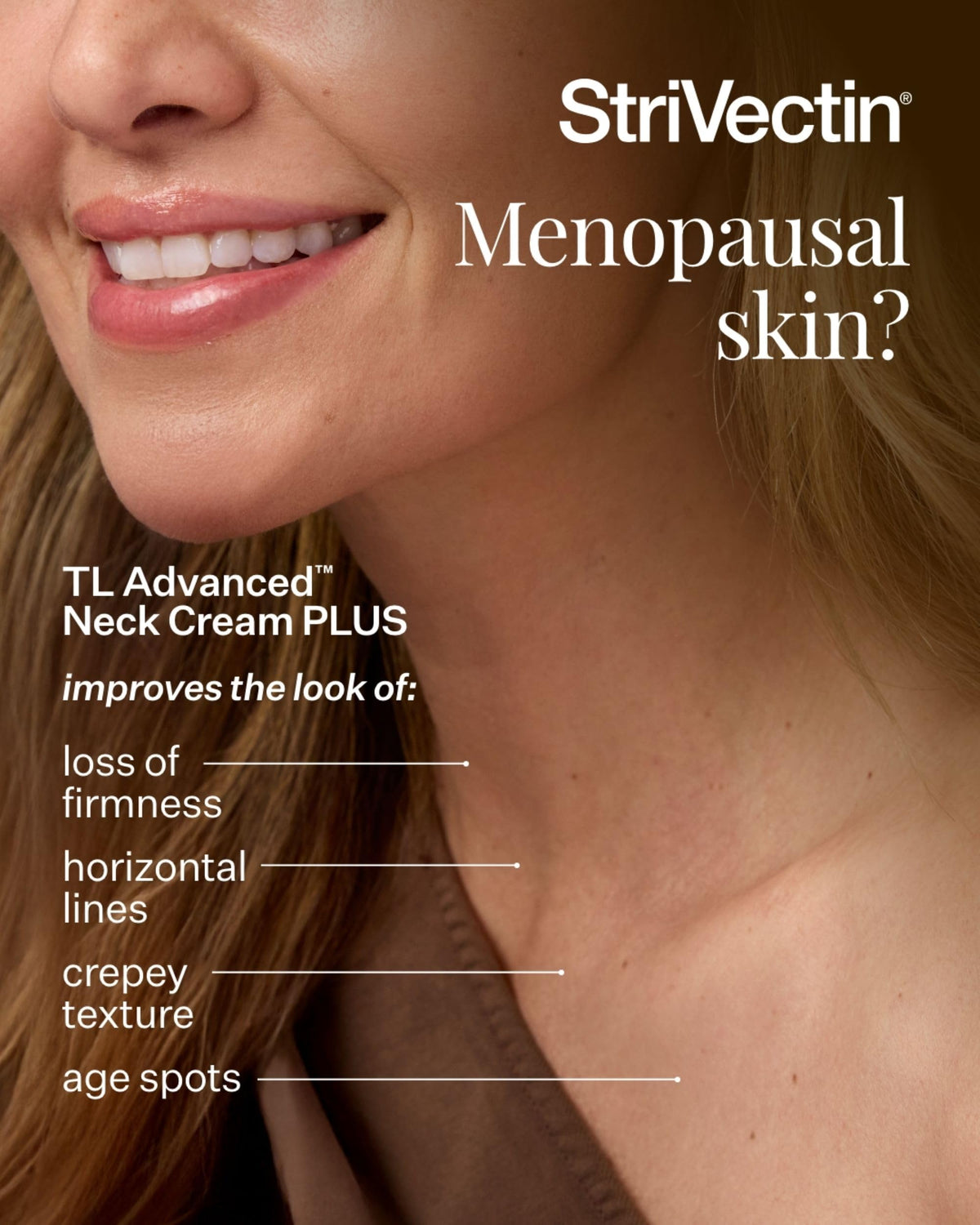 Model applying StriVectin to neck demonstrating upward application and targeted lifting benefit
