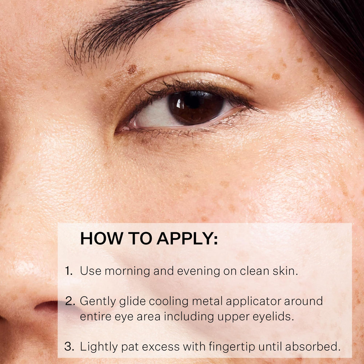 Applying StriVectin serum to under-eye with applicator for immediate de-puffing benefit