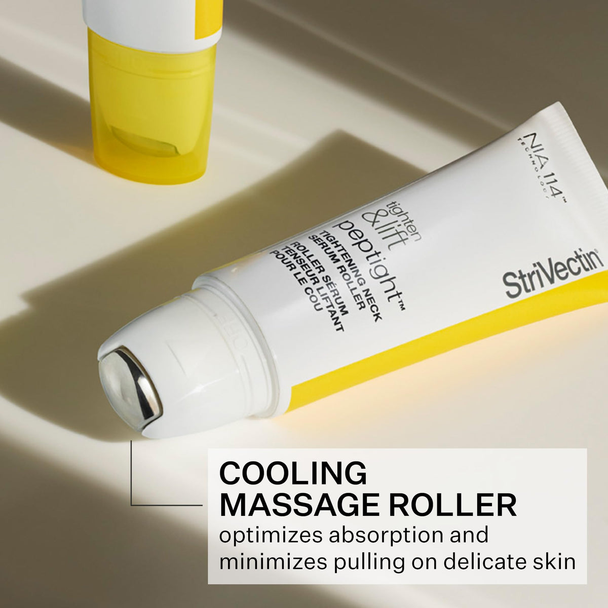 Applying StriVectin roller to neck illustrating low‑friction, even coverage