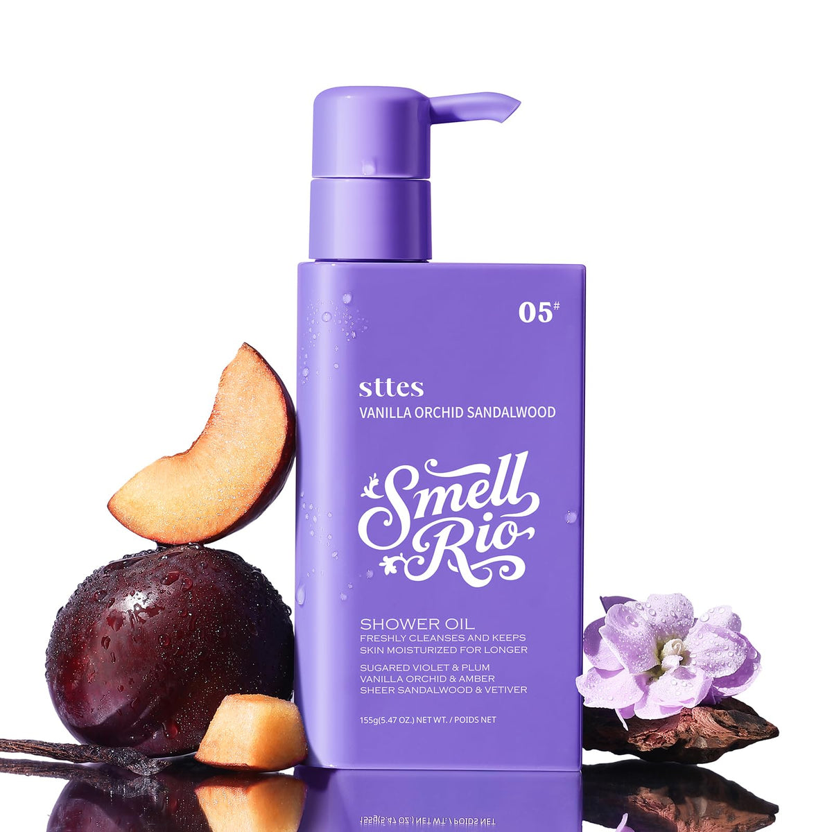 Sttes front bottle showing Vanilla Orchid Sandalwood scent and moisturizing benefit