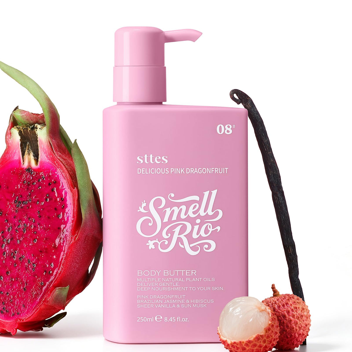 Sttes front pump bottle showing pink packaging and easy dispensing benefit