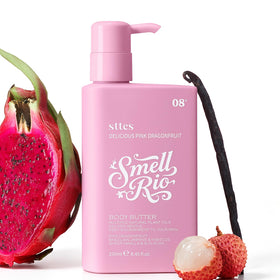 Sttes front pump bottle showing pink packaging and easy dispensing benefit
