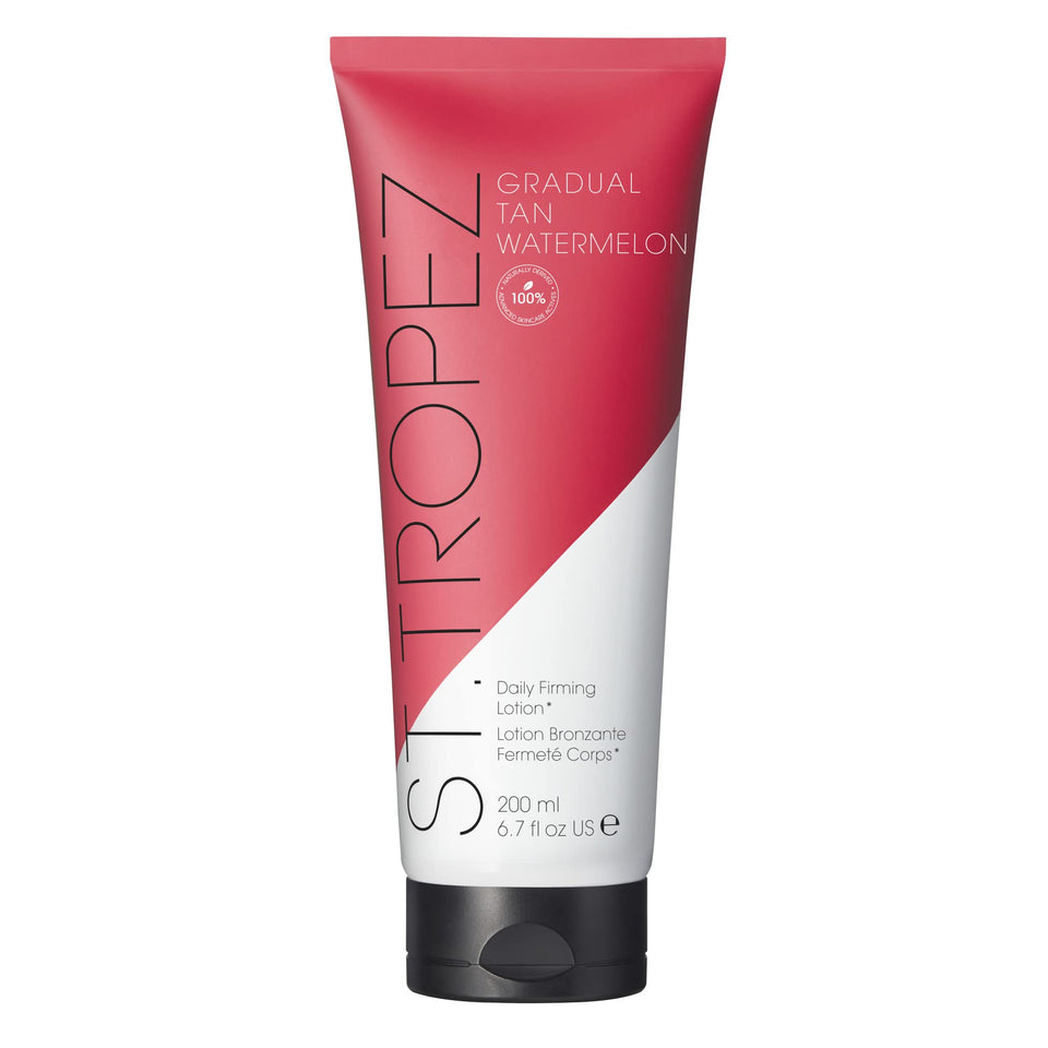 St.Tropez front packaging showing watermelon-scented tan lotion and benefit