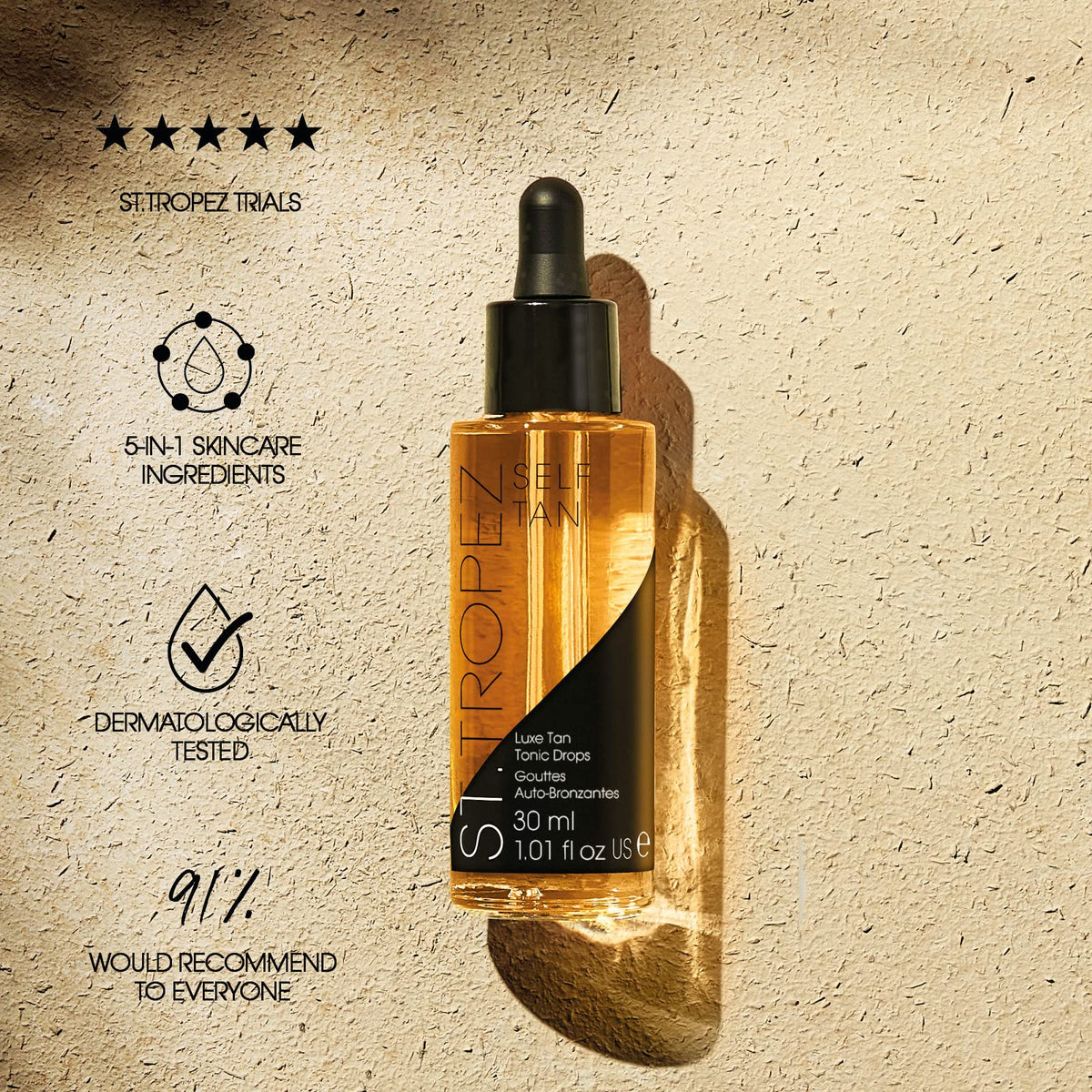 St.Tropez product label highlighting niacinamide and vitamin-rich extracts