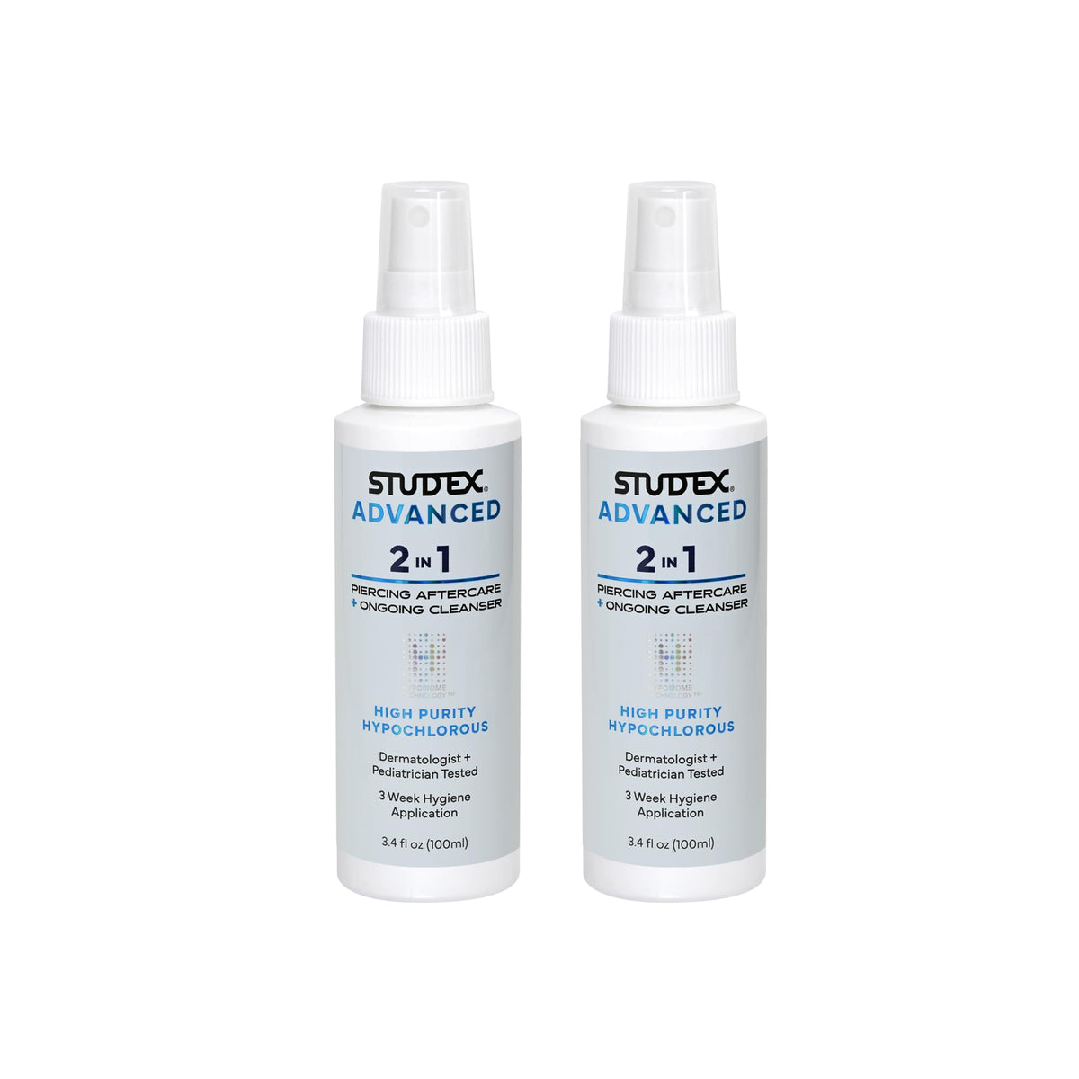 Studex front packaging showing two bottles and product clarity benefit
