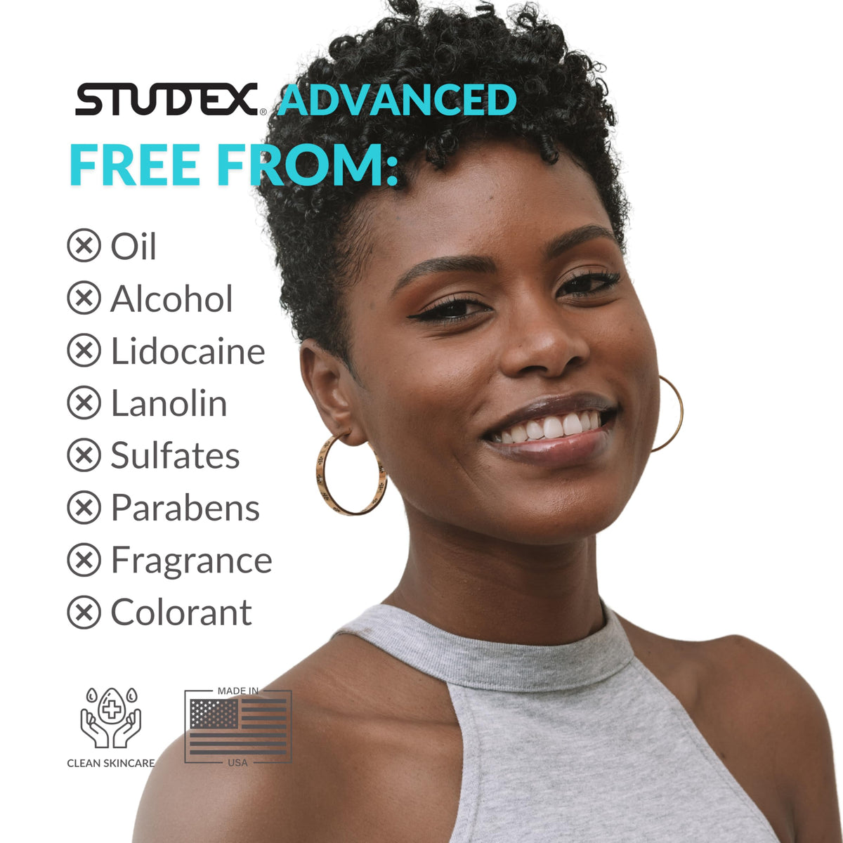 Studex product label and ingredients panel showing hypoallergenic benefits