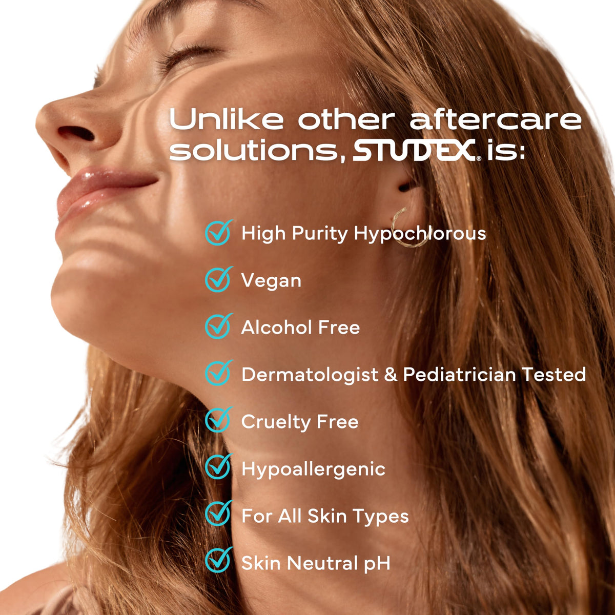 Studex spray on ear piercing demonstrating gentle cleansing benefit