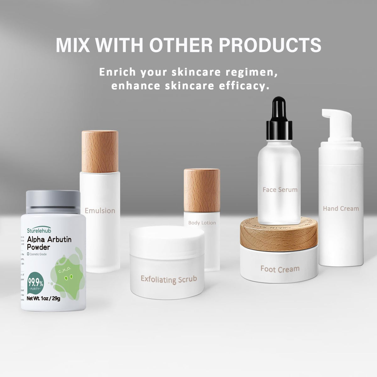 Sturelehub product label close-up showing 99.9% purity and cosmetic-grade assurance