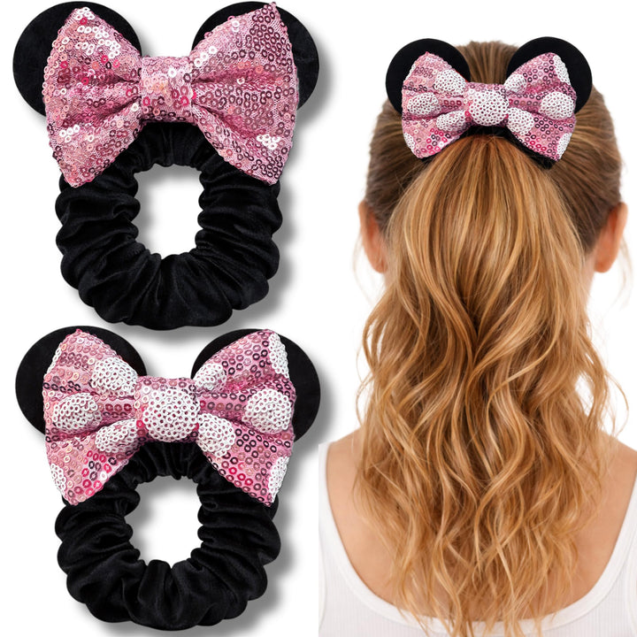 Styla Hair light pink scrunchies front view showing bow and ears, adds playful sparkle
