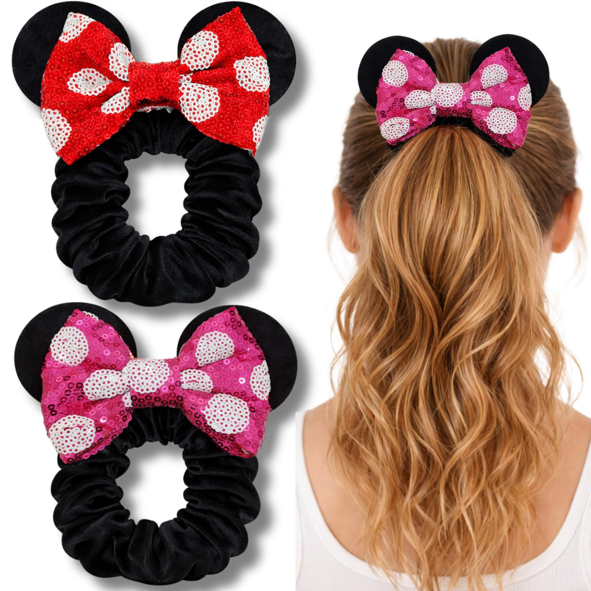 Styla Hair front pack showing both red pink polka dot scrunchies and value
