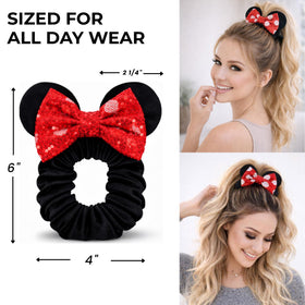 Styla Hair scrunchies next to a hand showing true size and scale