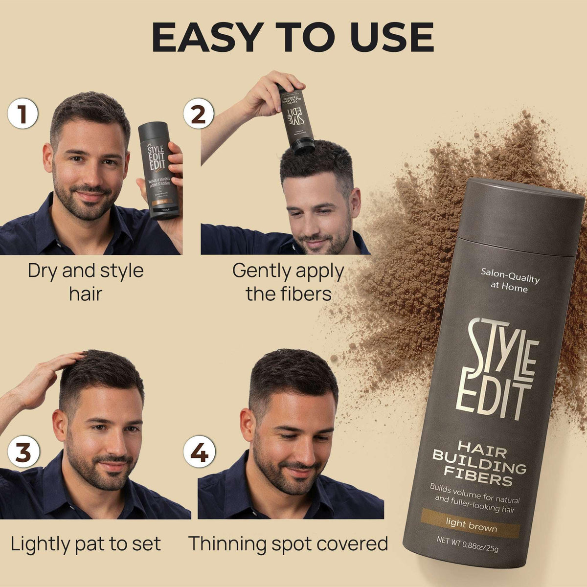 STYLE EDIT woman applying fibers at mirror for quick confidence boost