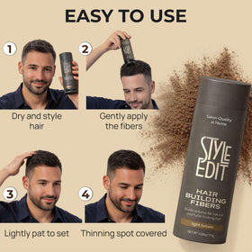 STYLE EDIT woman applying fibers at mirror for quick confidence boost