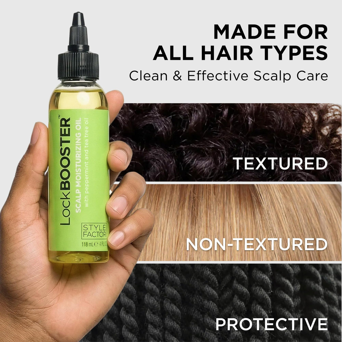Style Factor bottle in hand for scale showing compact 4 oz size and portability