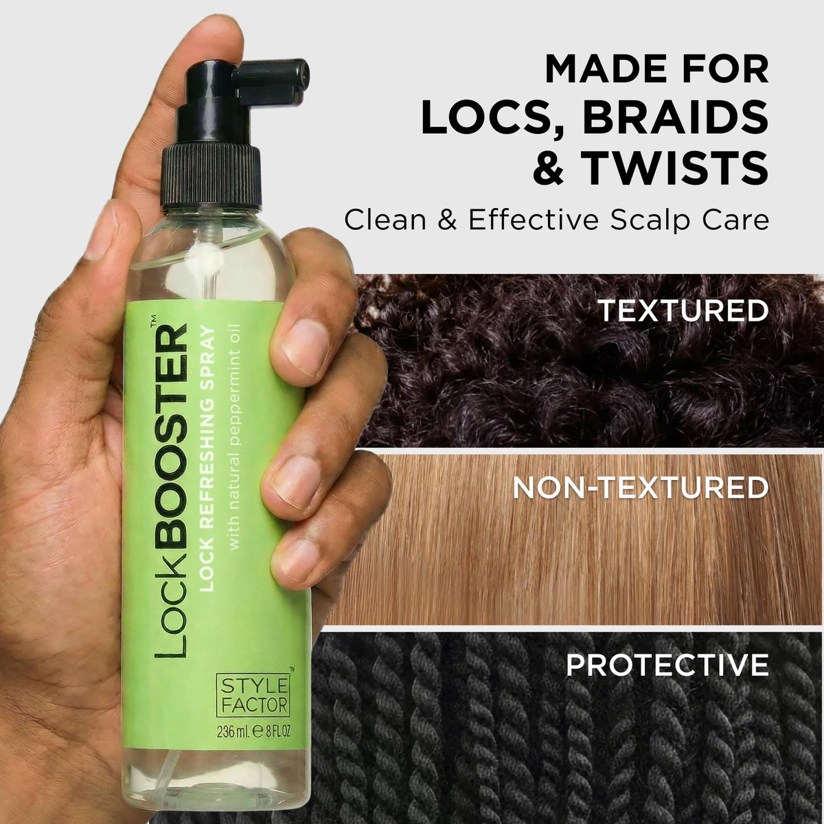Style Factor bottle held in hand for scale to show convenient travel size
