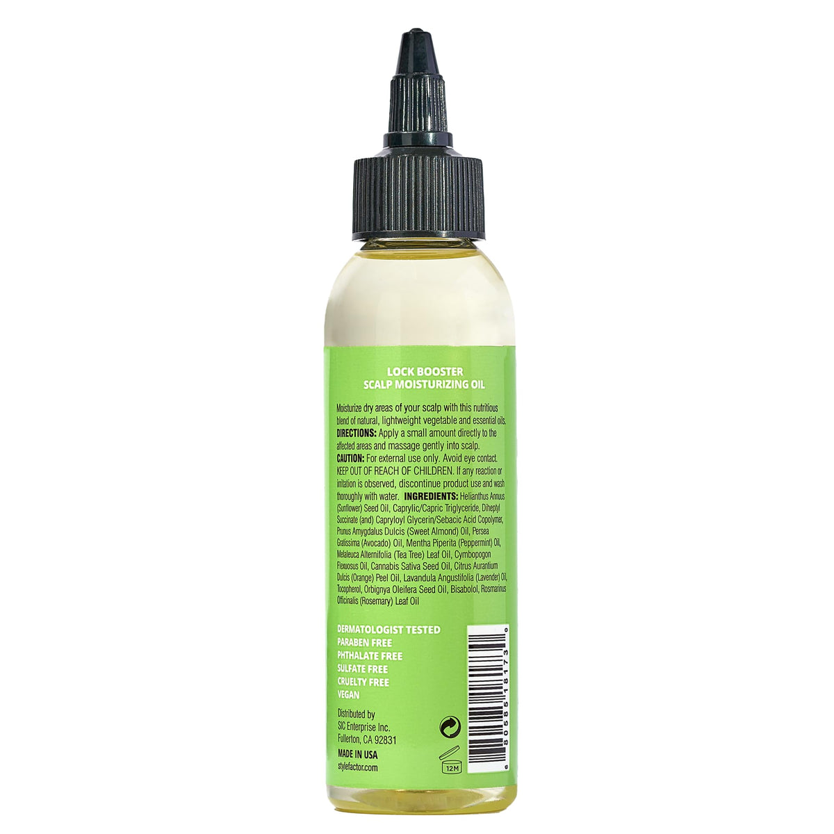 Style Factor bottle inside travel pouch illustrating portable scalp care on the go
