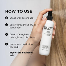 Style Factor bottle close-up texture detail highlighting lightweight formula and shine boost