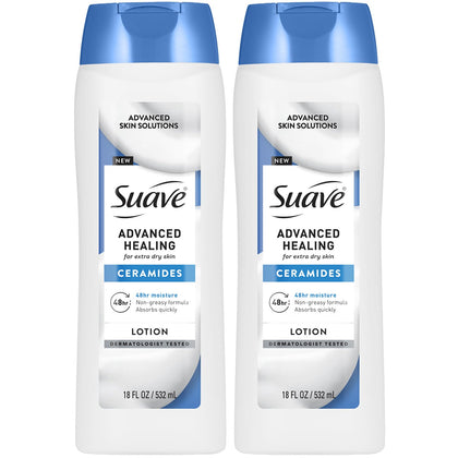 Suave advanced healing front packaging showing two 18 oz bottles for value