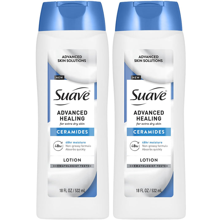 Suave advanced healing front packaging showing two 18 oz bottles for value