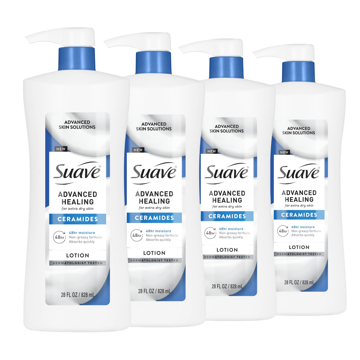 Suave front pump bottle showing label and pump for easy dispensing